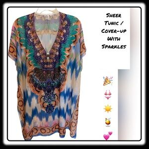 NWT crystal-embellished sheer tunic, wrap or swim coverup one size